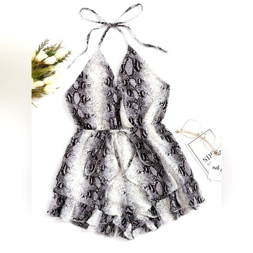 SHEIN Snakeskin Print Halter Romper Ruffle Flounce Trim